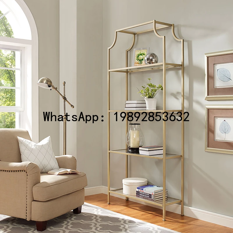 XL Metal Stainless Steel Storage Rack Brushed Brass Texture Transparent Glass Partition Bookshelf for Study Room