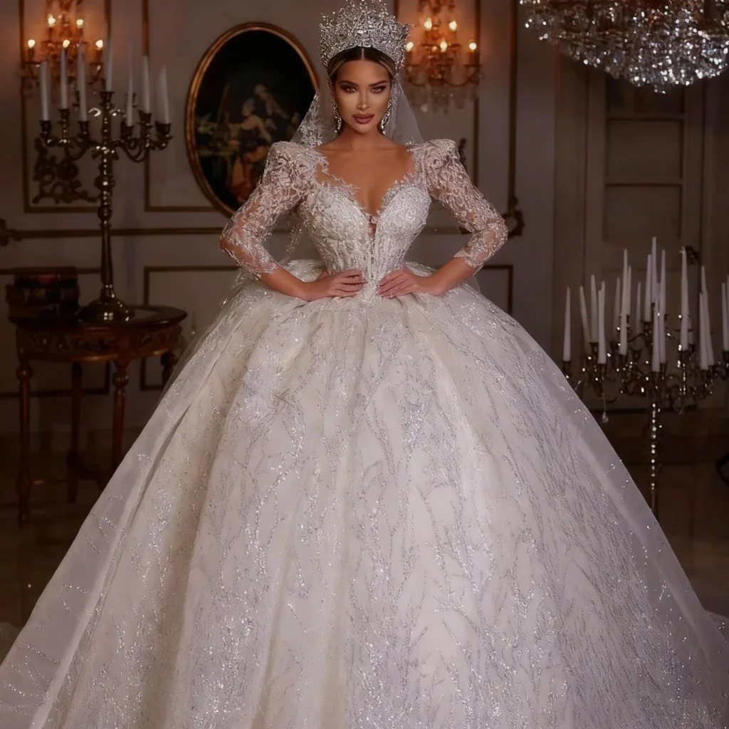 

Luxury Sparkling Princess Wedding Dress V-neck Triangle Sleeve Bridal Dress Dubai Saudi Arabia Long Sleeve Wedding Dress Custom