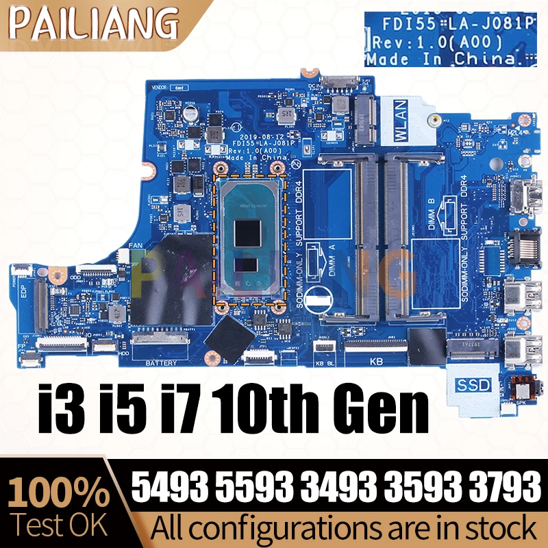 

For Dell 3493 3593 5593 Notebook Mainboard Laptop FDI55 LA-J081P 004C38 i3-1005G1 i5-1035G1 i7-1065G7 Motherboard Full Tested