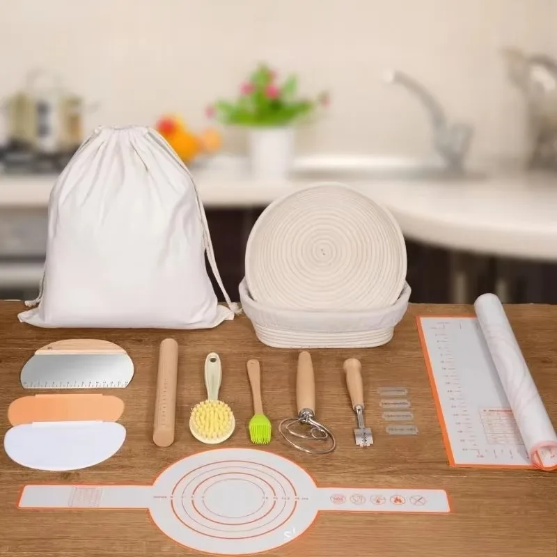 9/10 IN Sourdough Banneton Bread Baking Supplies Kit Pastry Scraper Silicone Baking Mat Blender Oil Brush Gift for Beginner