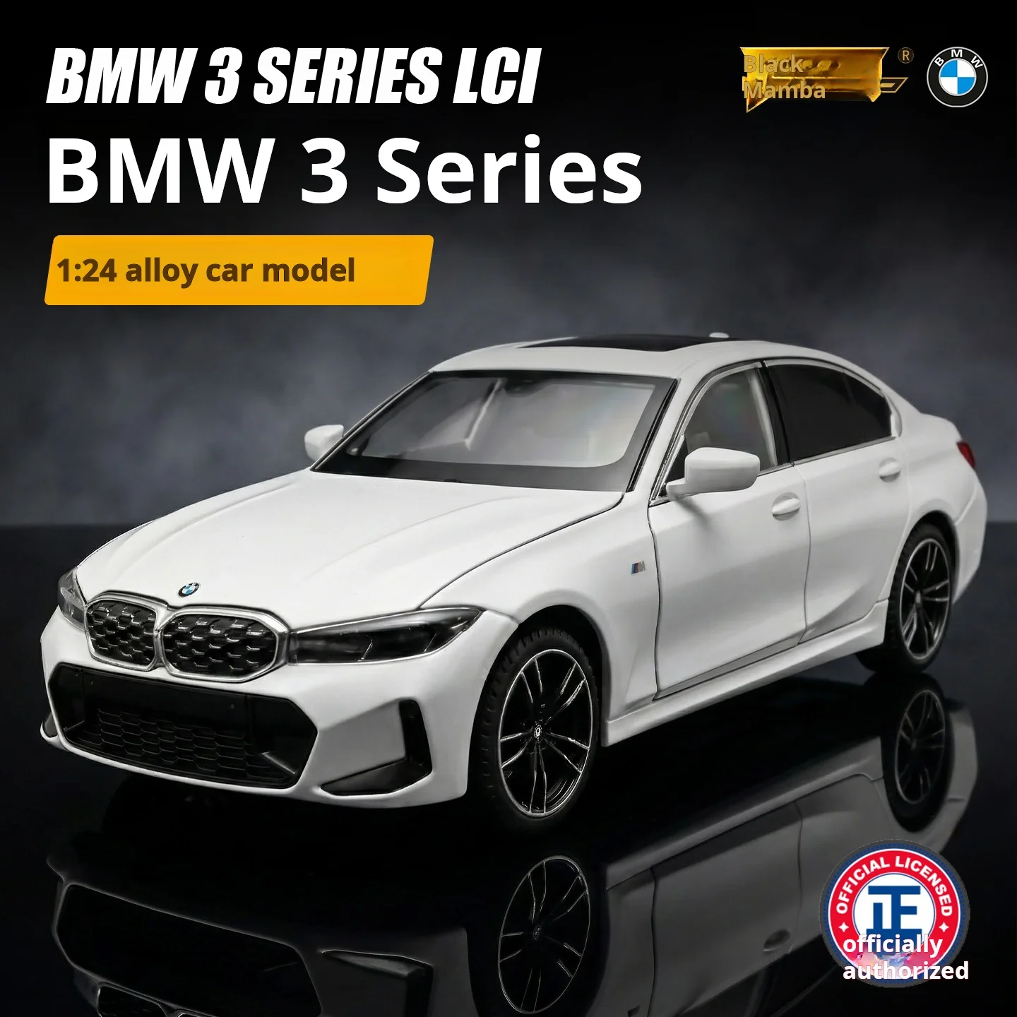 

Масштабная модель автомобиля BMW 3 серии (1:24) из литого сплава, имитация транспортного средства, украшение с подвижными сиденьями, игрушечная машинка и подарок для мальчиков, коллекционная.