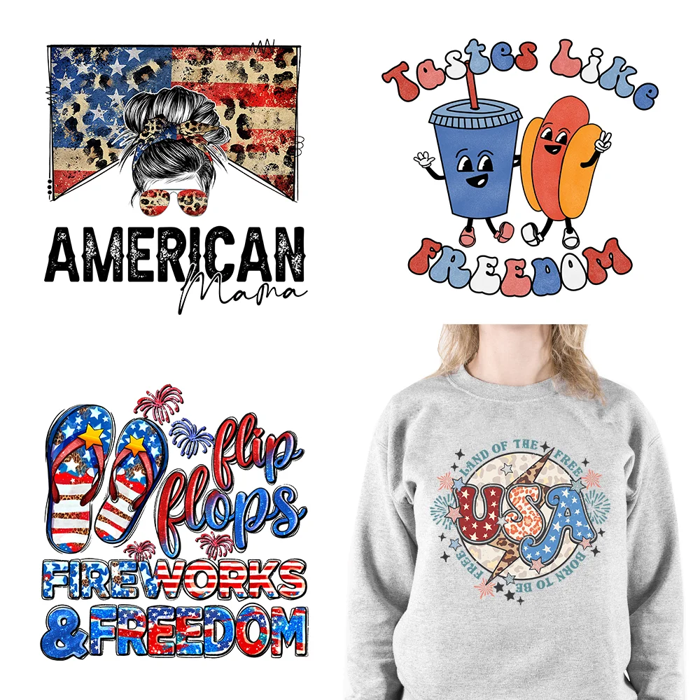 

Hot Sale 4th of July Thermal Freedom Vibes Iron On American Independence Day DTF Transfer Printing Stickers For Clothing