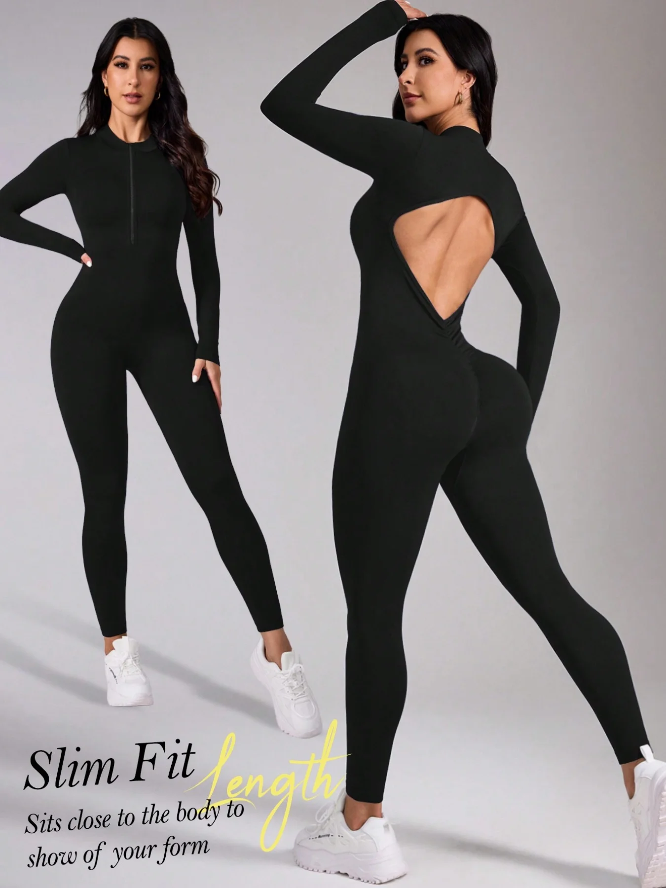 Rückenausschnitt Halber Reißverschluss Nahtloser Workout-Jumpsuit Damen Bauchkontrolle Langarm Yoga Fitness Einteiler Bodysuit – Detail 6