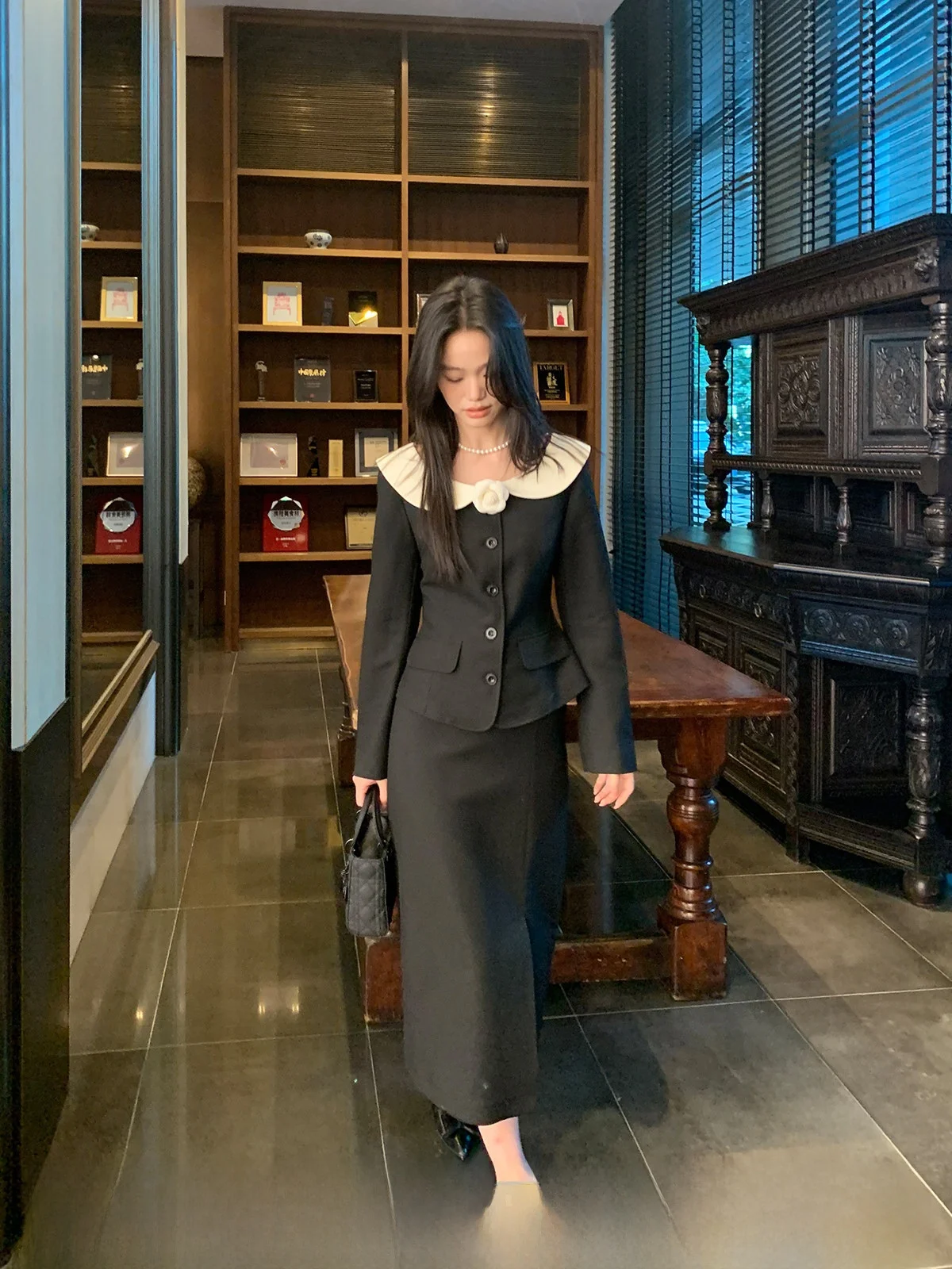 

Комплект из двух предметов с кукольным воротником Ele, женский ансамбль Faion, зимняя коллекция Long Sve, французская полиэфирная ткань