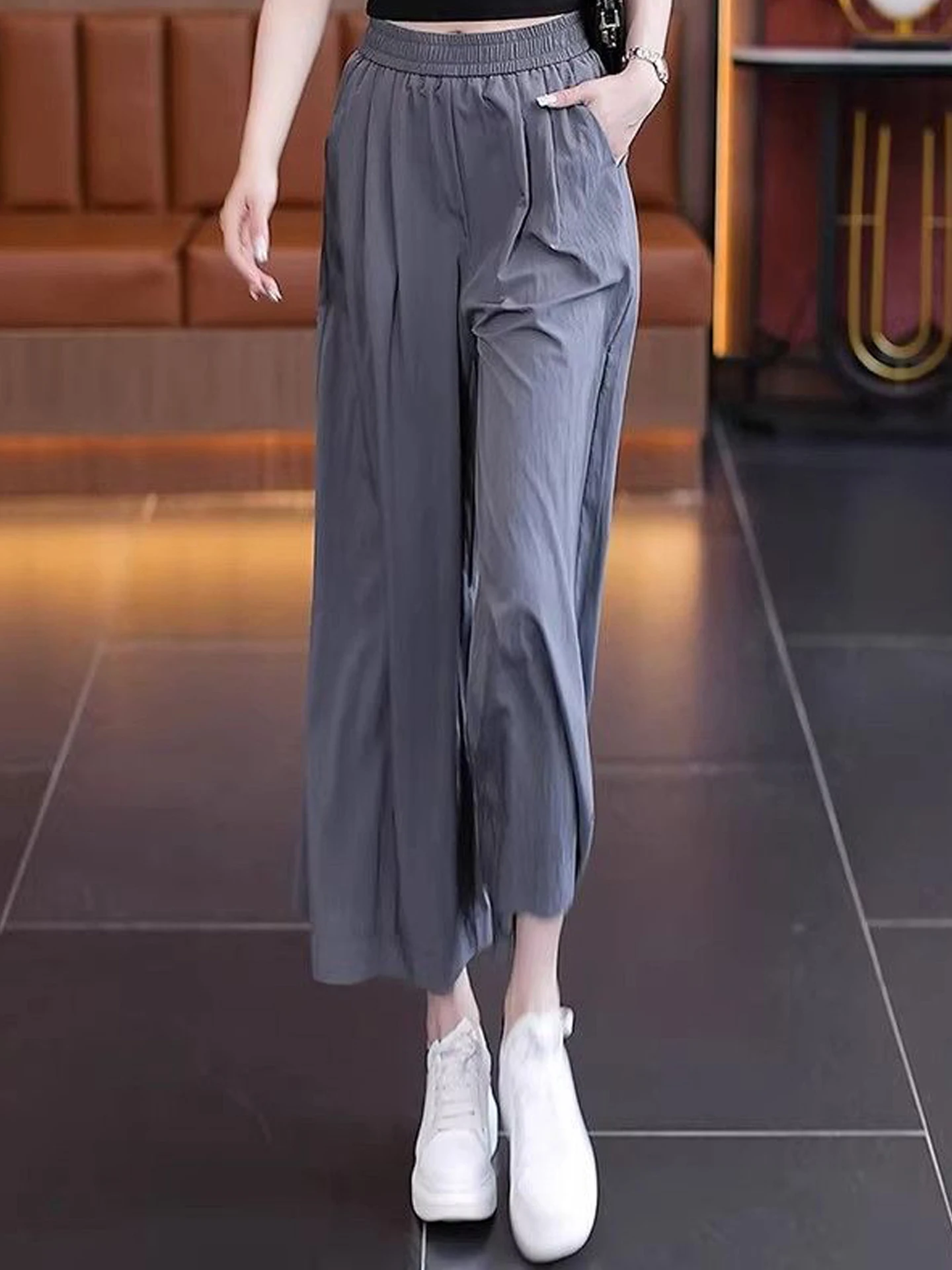 

Ice Silk Quick Dry Wide Leg Pants Women's 2026 New Small Size Summer Thin Hanging Sense Skirt Pants Casual High Waist Polyest...