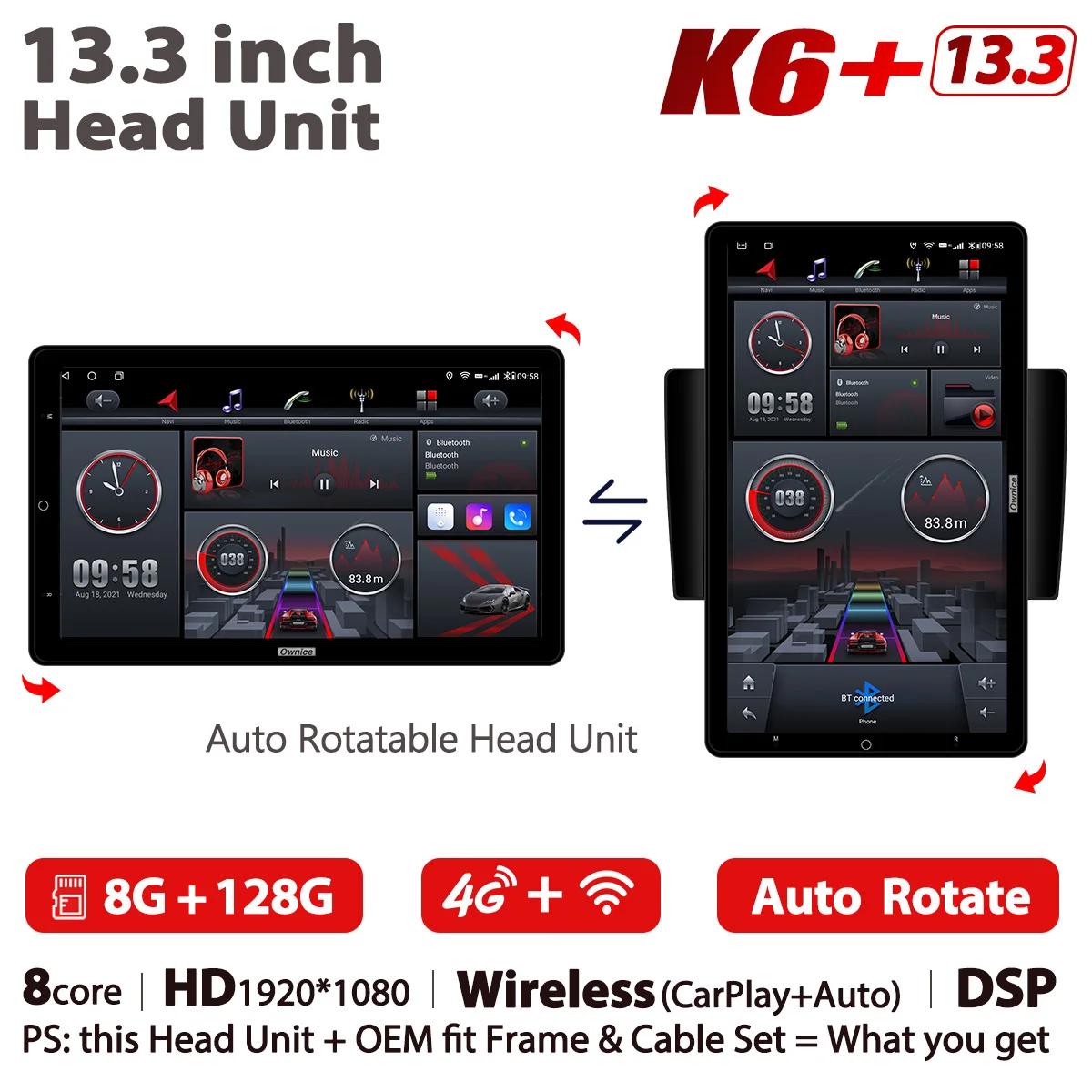 13.3 Inch Ownice 1Din Android 12.0 Car Radio 360 Panorama for