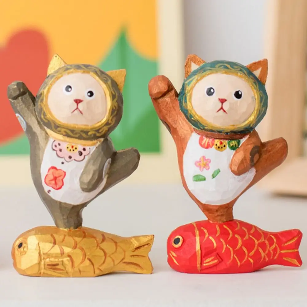 Small Wood Carving Cat Ornament Solid Wood Handmade Painted Cartoon Cat Sculpture Cute Simple Style