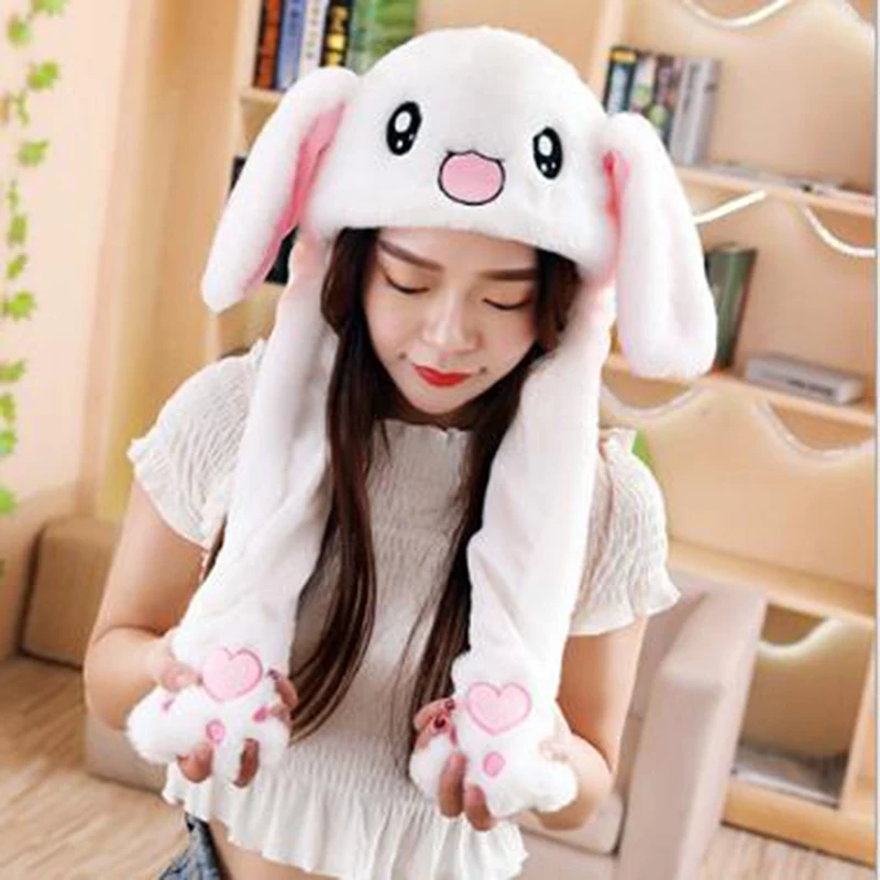 Cartoon Bunny Ear Move Hat Jumping up Toys Rabbit Girls Animal Plush Costume Cosplay Cap Kids Party for Adult Funny Anime Hat