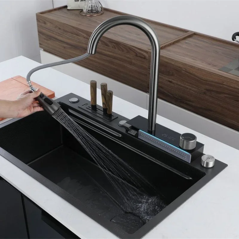 

Household Stainless Steel Kitchen Sink Waterfall Large Single Sink Flying Rain Hot Cold Water Inlet Pipes Table Control Downpipe