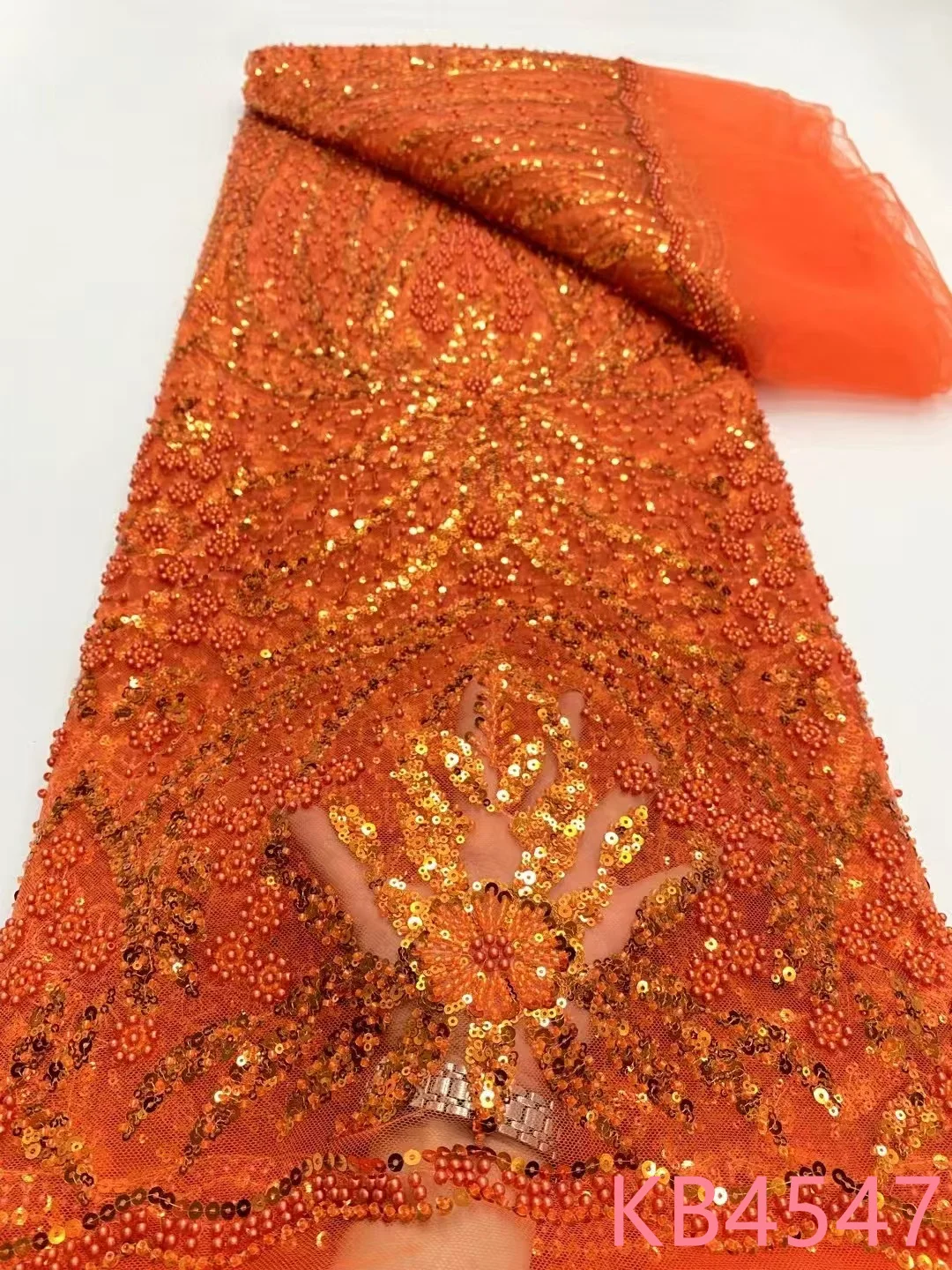 Green Beaded Lace Gold Sequins Lace African Lace Fabric 5 Yards High Quality 2025 Orange Beaded Lace Fabric For Sewing KB4547