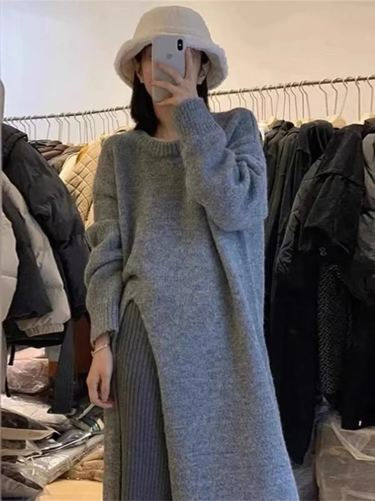 Autumn Winter O-Neck Casual Loose Knitted Dress Female Straight Long Sleeve Oversize Sweater Womens Long Dress Split hem