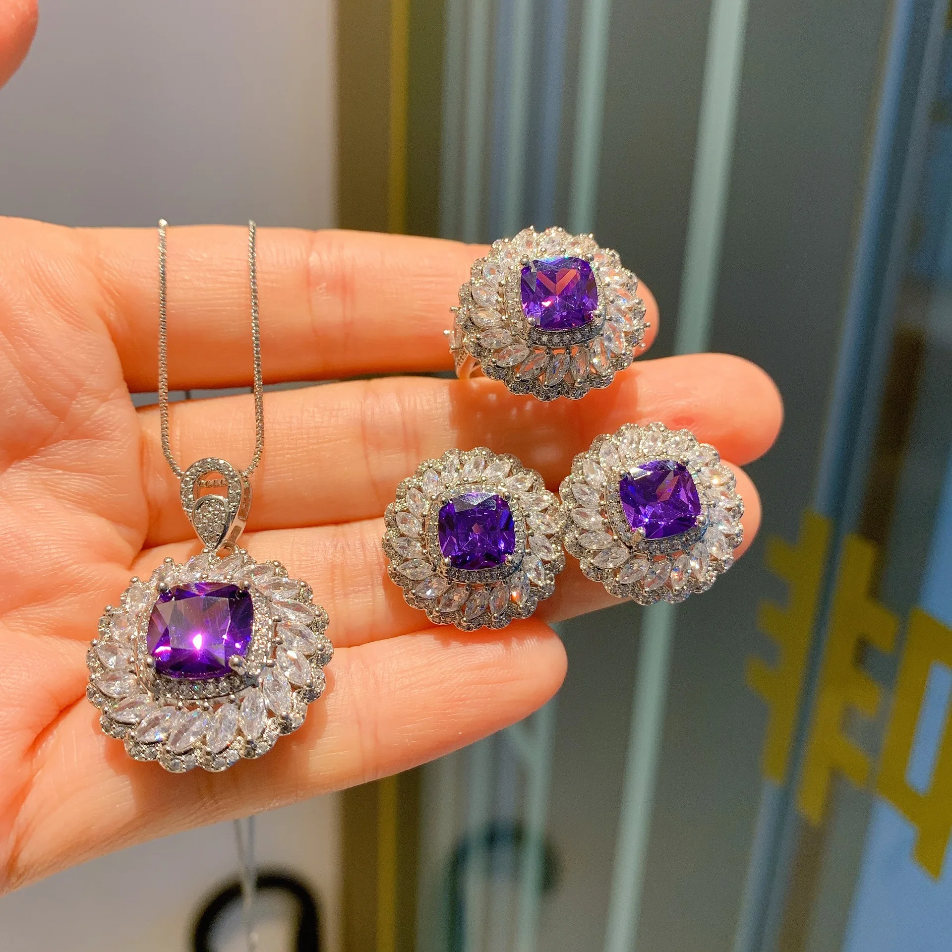 

925 Sterling Silver Retro Amethyst Zircon Square Luxury Pendant Earring Necklace Ring Jewelry Set For Women Boho Friends Gift