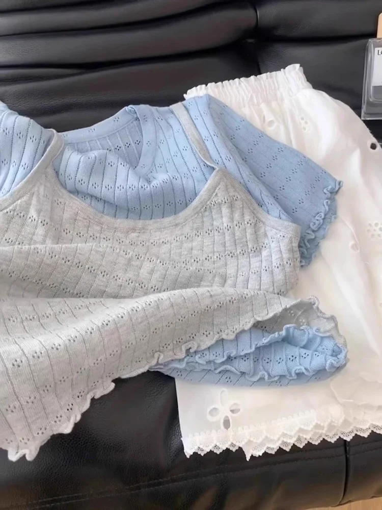 Summer Ice Silk Knitted Top Women's Short Sleeve Color Block Design Shoulder Leveling Fashionable Versatile Korean Style T-shirt