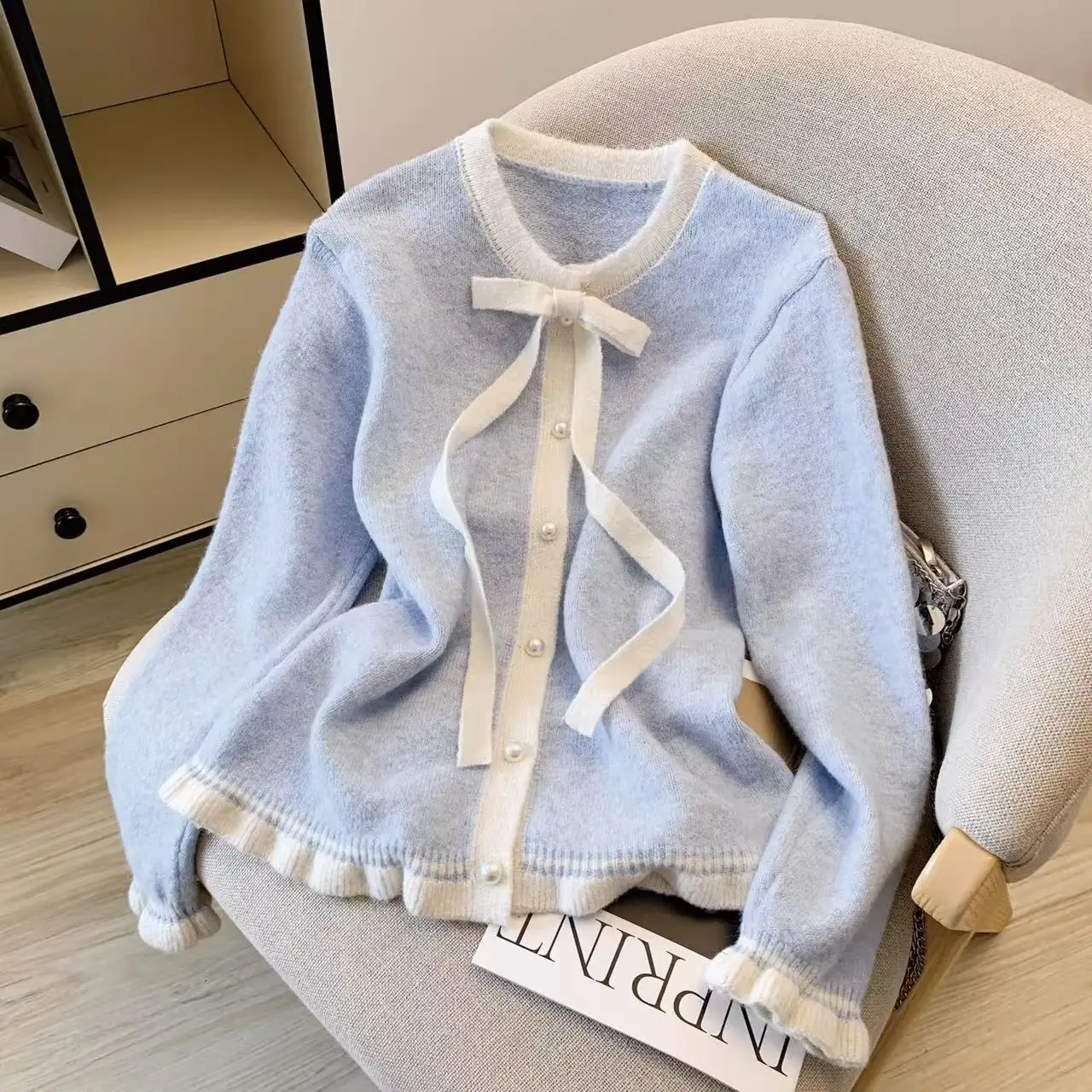 

Chic Knitted Sweater with Knot for Women Autumn Winter Color Blo Ele Beautiful Woolen Head over Body irt