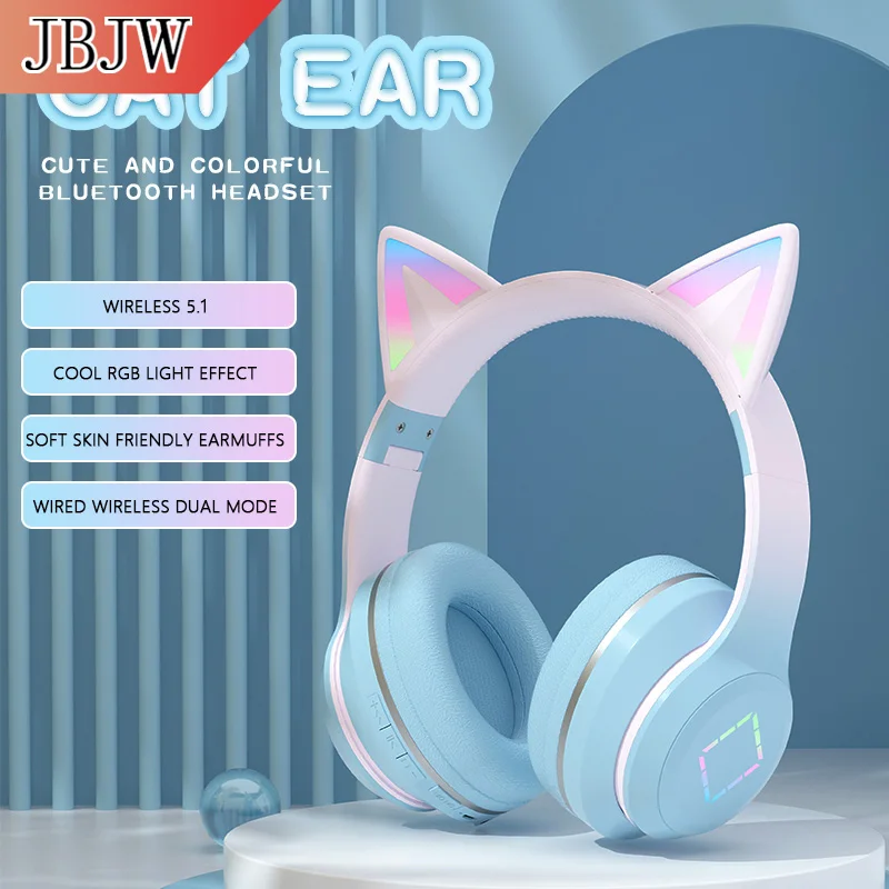

JBJW Cat Ear Gradient Bluetooth Headphone RGB Light TF/AUX HIFI Surround Stereo ANC Noise Reduction Headset for Playing games