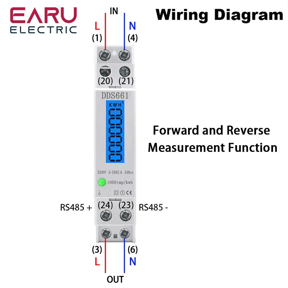 Wattmètre Monophasé avec Écran Numérique LCD, Rétro-Éclairage, Consommation KWh 5(60)A 110V/230ylique 50Hz Watt Din Rail Compteur d'Massage