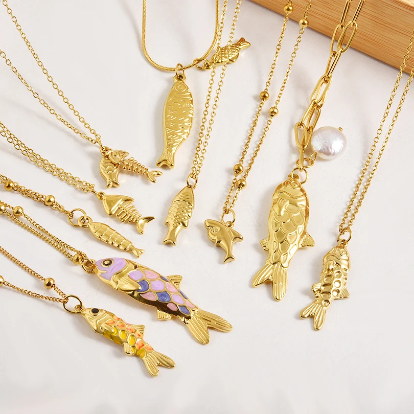 Cute Stainless Steel Real Gold Plated Small Fish Pendant Necklace Koi Fish Fishbone Natural Pearl Chic Necklaces Party Jewelry