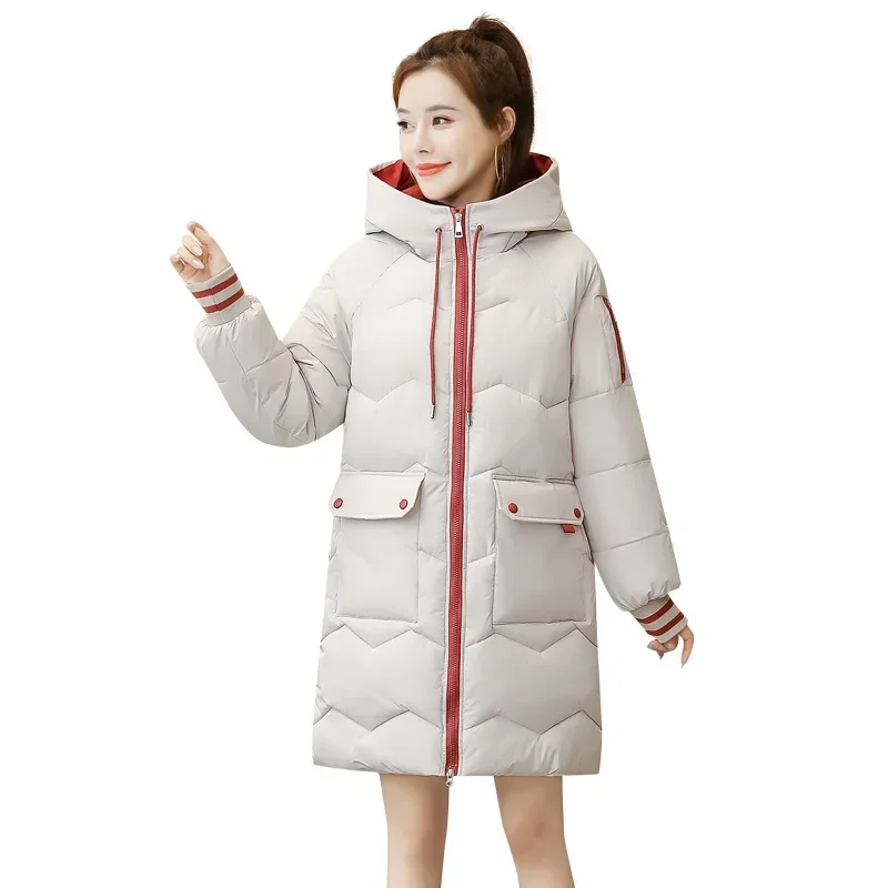 Women Winter Coat Mid-length Cotton Padded Parkas Hooded Warm Thicken Casual Overcoat Loose Snow Wear Solid Outwear Jacket 4XL