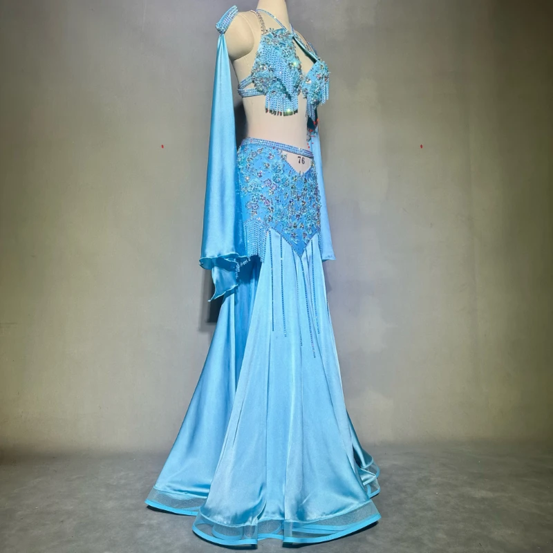 Belly Dance Costume High-end Customized Luxury Rhinestone Tassel Set for Adult Blue Professional Performance Outfit with Sleeves