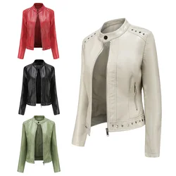 Chaqueta de piel sintética para mujer, abrigo informal con remaches y solapa, con cremallera, para motorista, S-5XL otoño y primavera
