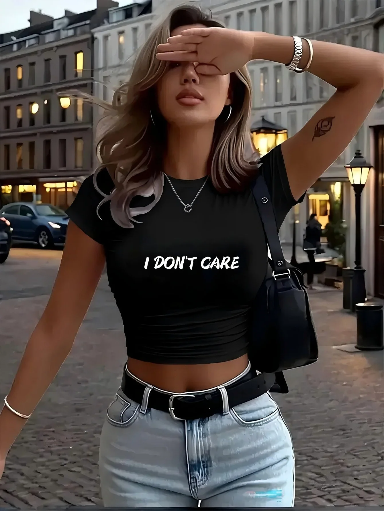

Women'S Slim Fit Cropped T-Shirt "I Don't Care" Slogan Harajuku Short Sleeve Casual Clothing Street Tops Tees Aesthetic Clothes