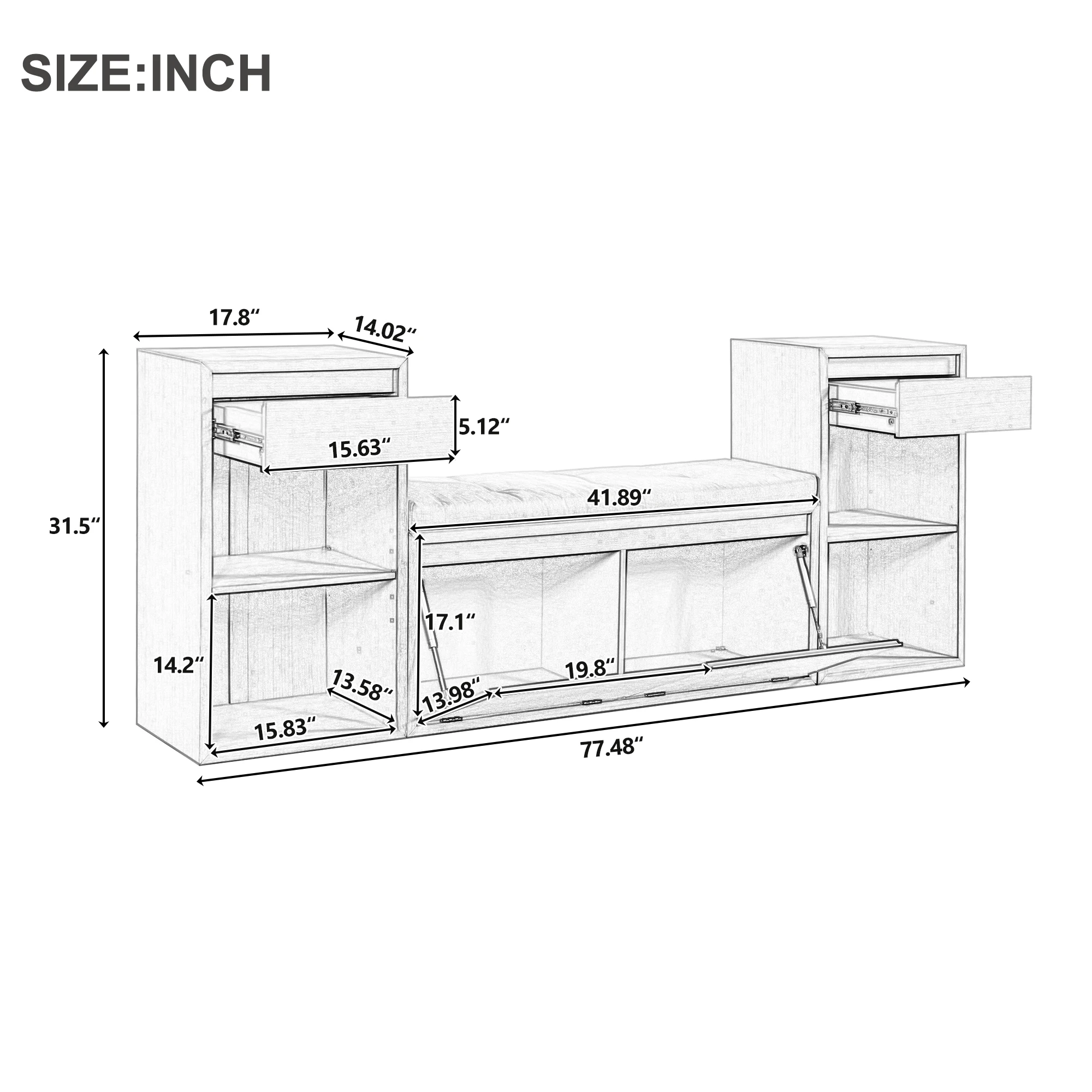 Modern Wood Storage Bench & Home Stool with Cushion Drawers Open Shelves for Apartment/Farmhouse Living Room/Hallway Mudroom