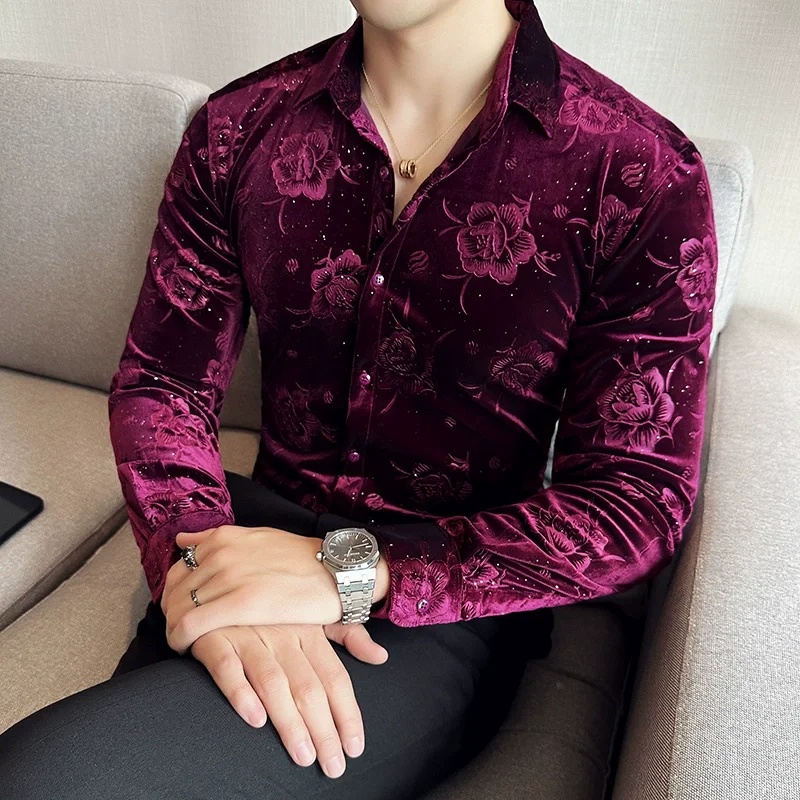 

Luxury Claret Purple Shirts Velour Man Flowers Complete Elegant Stylish Mens Clothing 2024 Korean Fashion Shirts Velvet Slim Fit