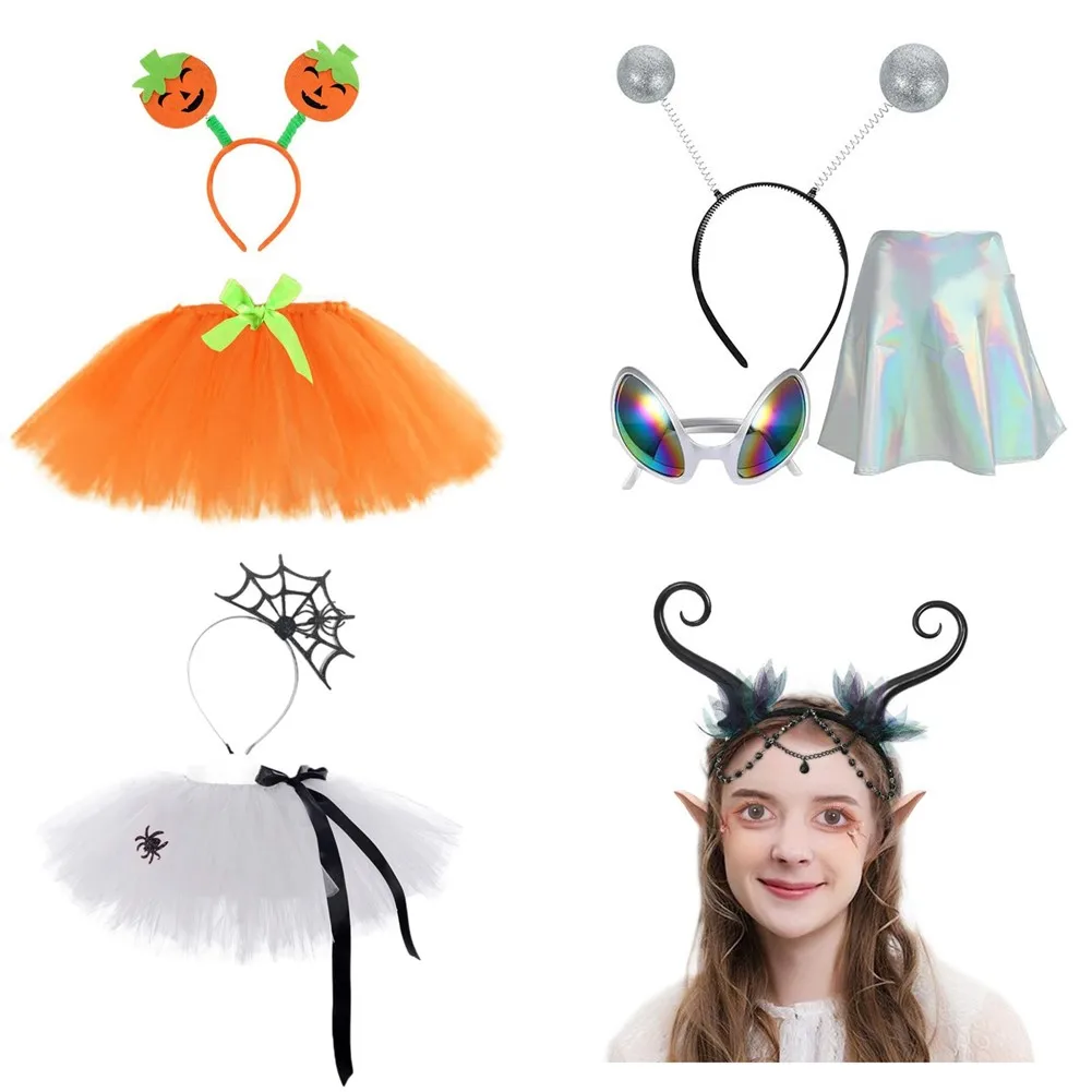 Conjunto de falda de tutú para niñas, disfraz de Halloween, vestido de carnaval, accesorios para la cabeza, Tigre, flor, Hada, Alien, araña