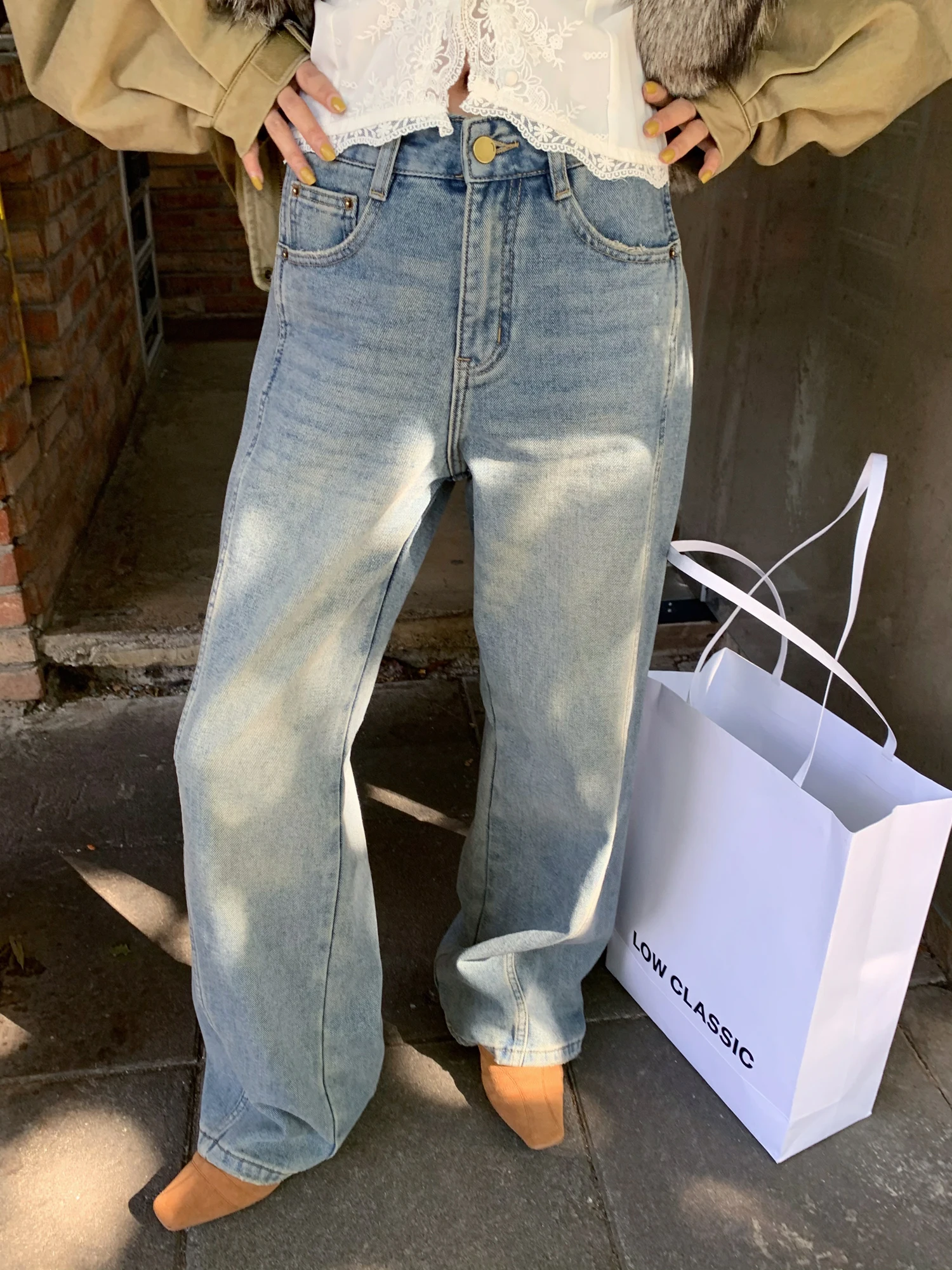 

Джинсы с высокой талией свободного кроя, винтажные, прямые, зимние, новинка, женские, повседневные, модные, китайского производства