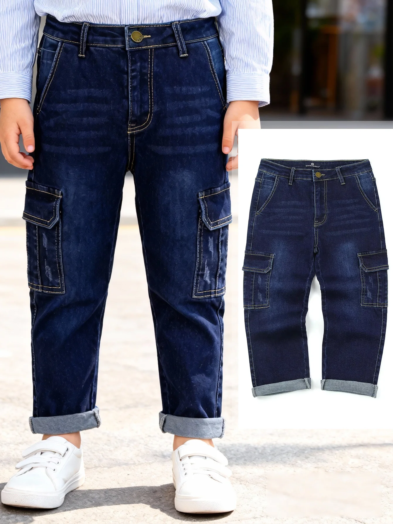 

Повседневные джинсы-карго для мальчиков, облегающие детские джинсовые брюки, модные студенческие брюки с карманами, детская одежда, весна-осень