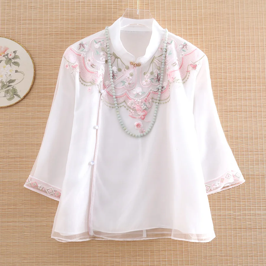 

High-end Spring and Summer Chinese Style Embroidery Organza Blouse Shirt Women Fashion Elegant Loose Lady Short Top S-XXL