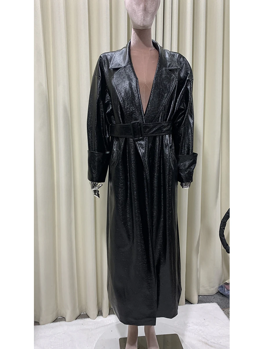 

Mauroicardi Autumn Extra Long Oversized Shiny Black Patent Pu Leather Trench Coat for Women Belt Chic Faux Leather Overcoat 2025