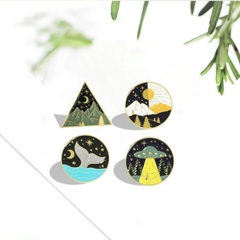 Alternation Enamel Pins Natural Landscape Star River Whale Tale Brooch Lapel Badge Bag Jewelry Gift for Friends Sun and Moon