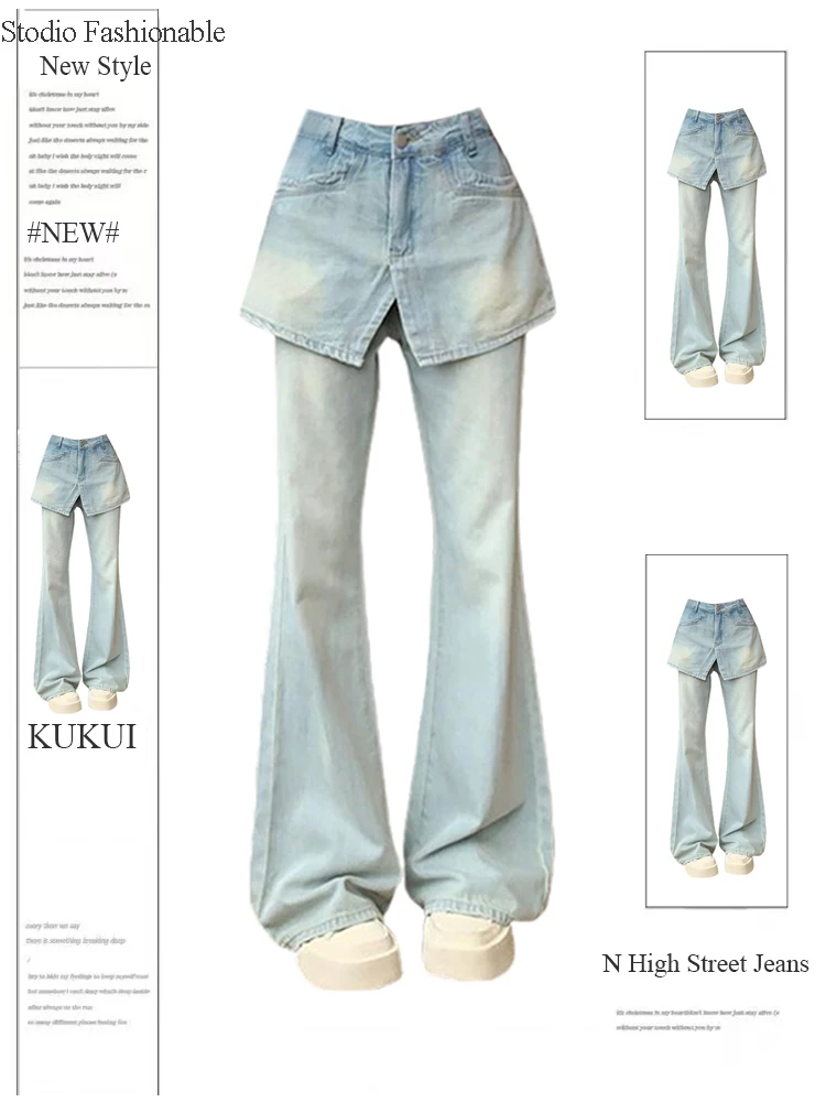 Kobiety Kpop Y2k Harajuku Fashion Gyaru Flare Jean Low Rise Patchwork Denim Pants 2000s Estetyczne spodnie Bell Bottoms Design Korean Chic