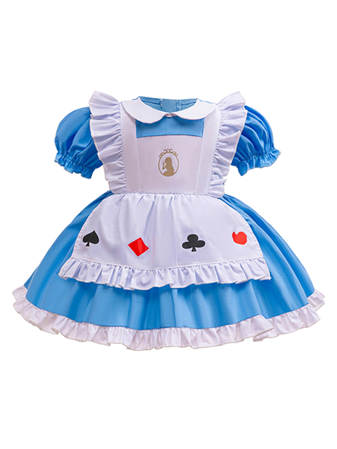 Three-piece baby girl Halloween theme blue short-sleeved dress with poker print for parties, birthdays or photo shoots