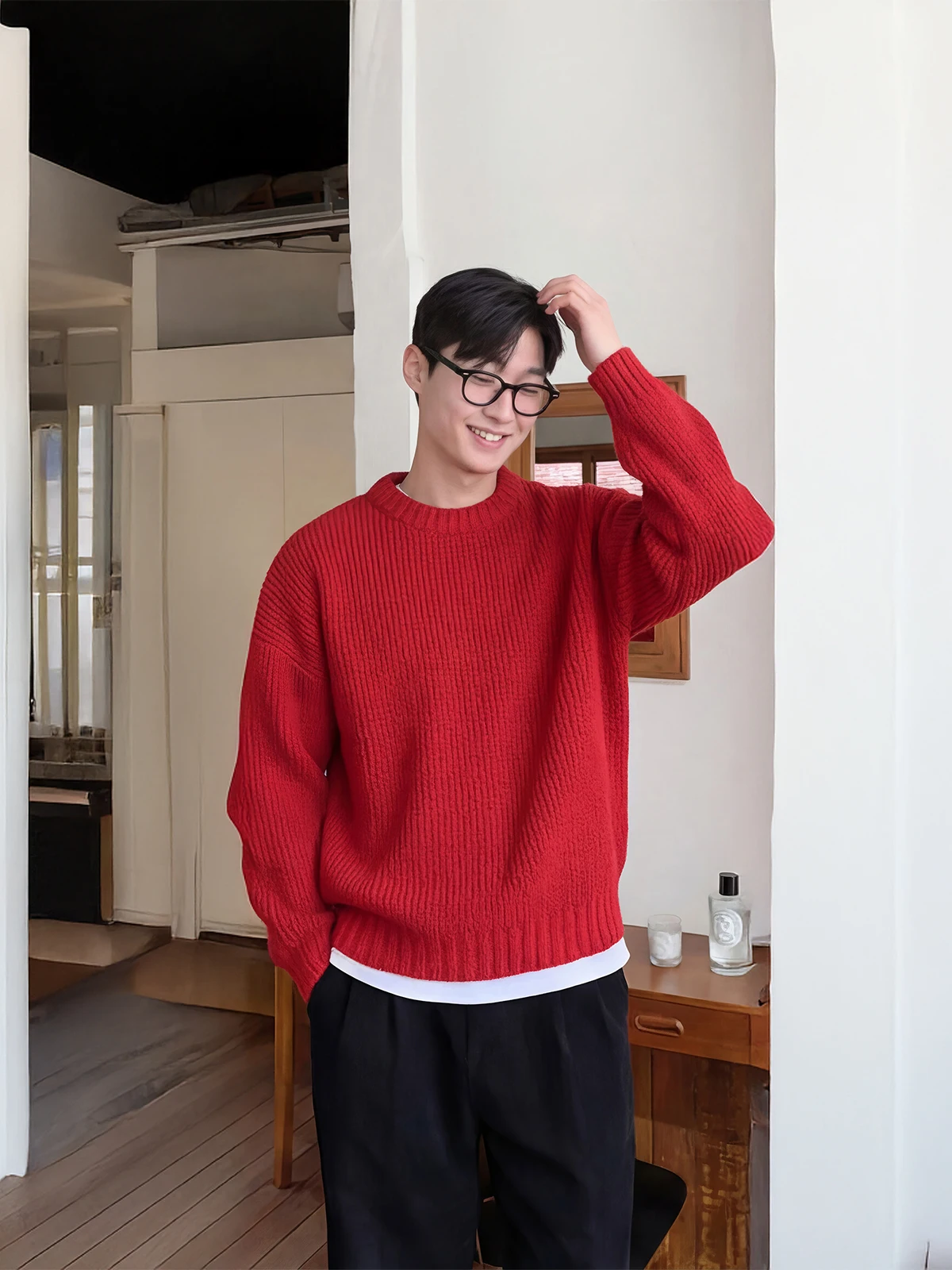 

Красный вязаный свитер с круглым вырезом для мужчин, повседневная одежда, удобный крой, длинный рукав, топ на Новый год