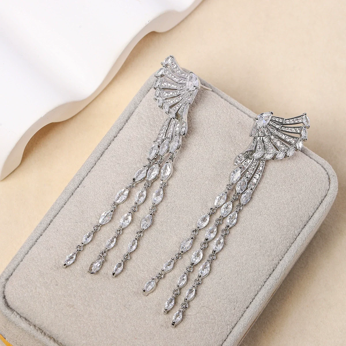 925 Silver Needle Luxury Fan Shape Gemstone Tassel Drop Earrings, Elegant Party Statement Jewelry Gift for Women