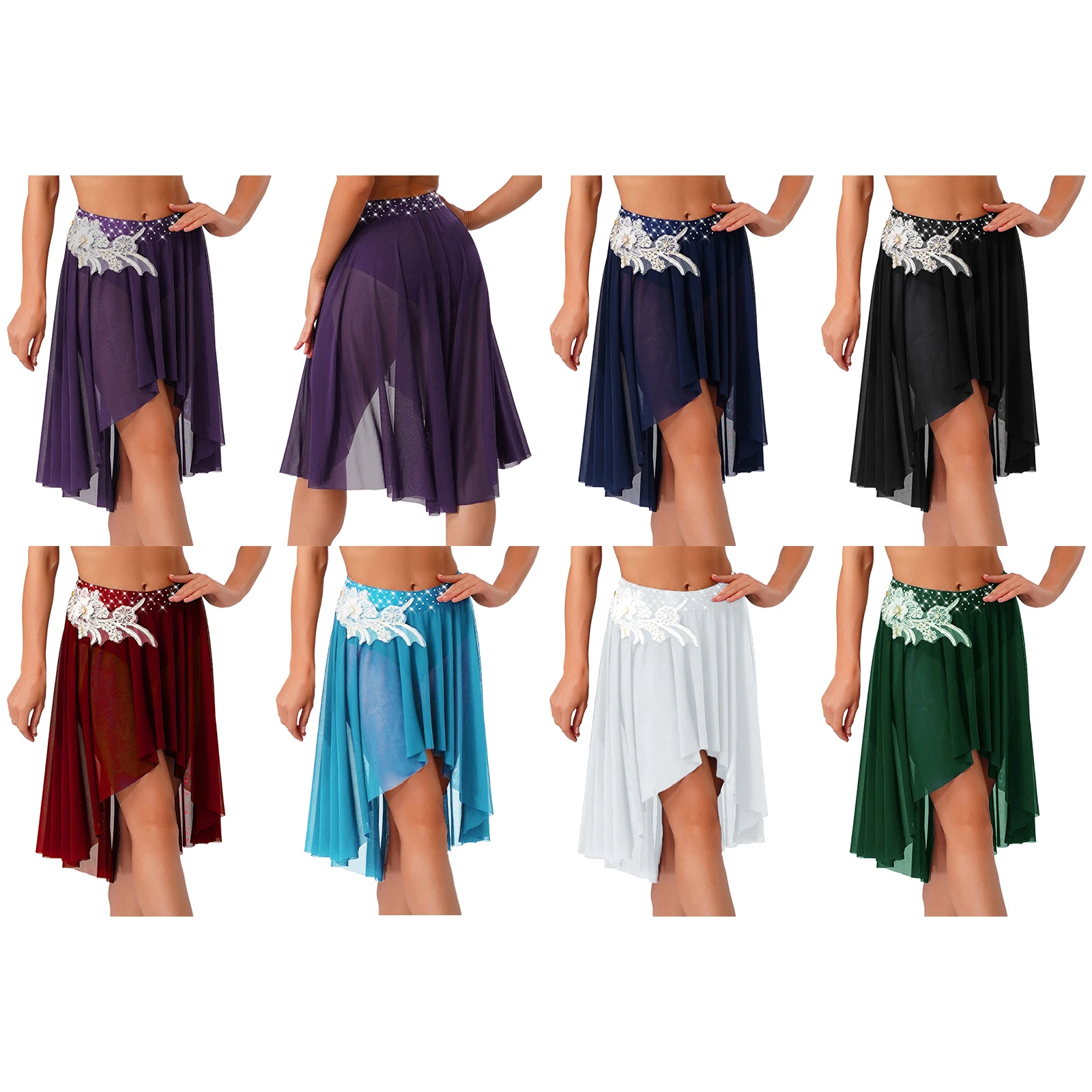 Women Waltz Lyrical Dance Skirts Classical Dance Skating Ballet Embroidery Applique Irregular Mesh Hem Brief Skirt Dancewear