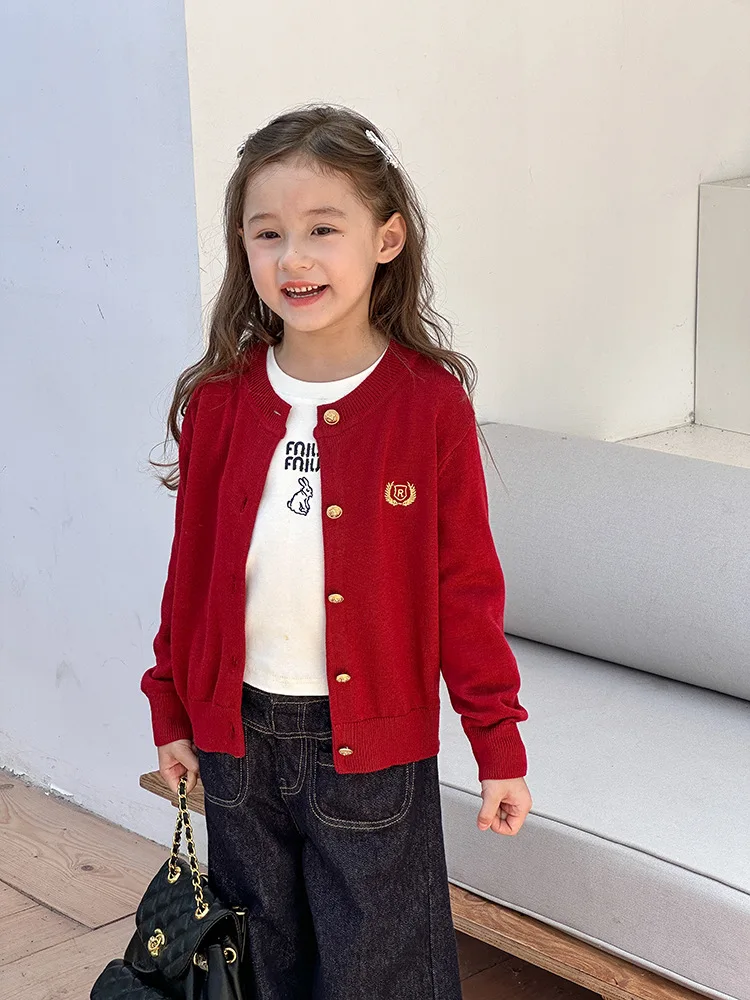 Childrenclothes Girls Sweater 2024 Autumn Korean Style Casual Red Sweater Knitted Cardigan Fashionable Girls Simple Pullover