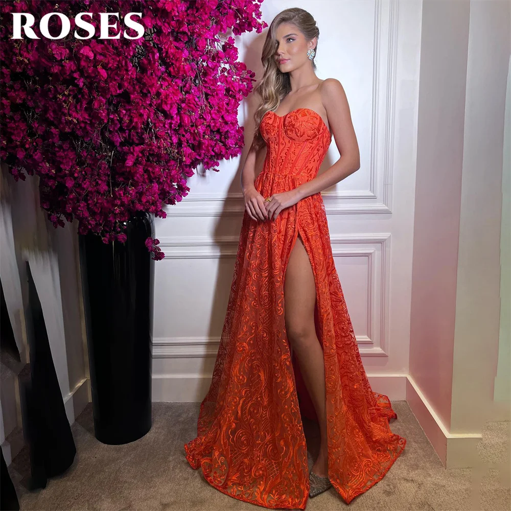 

ROSES Sweetheart Neck Formal Dresses A Line Party Dress For Wedding Lace Appliques Special Occasion Dresses With Side Split