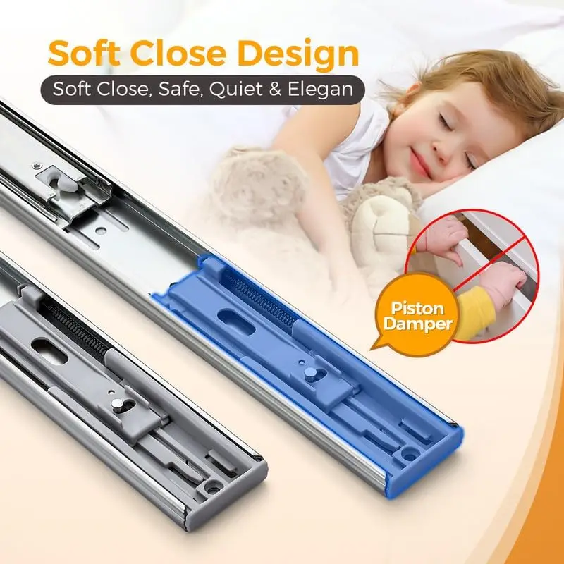 Silver 22 Inch Full Extension Soft Close Side Mount Drawer Slides Heavy Duty Ball Bearing Cabinet Rails Zinc-Plated with Mounting Brackets & Screws, 10 Pairs