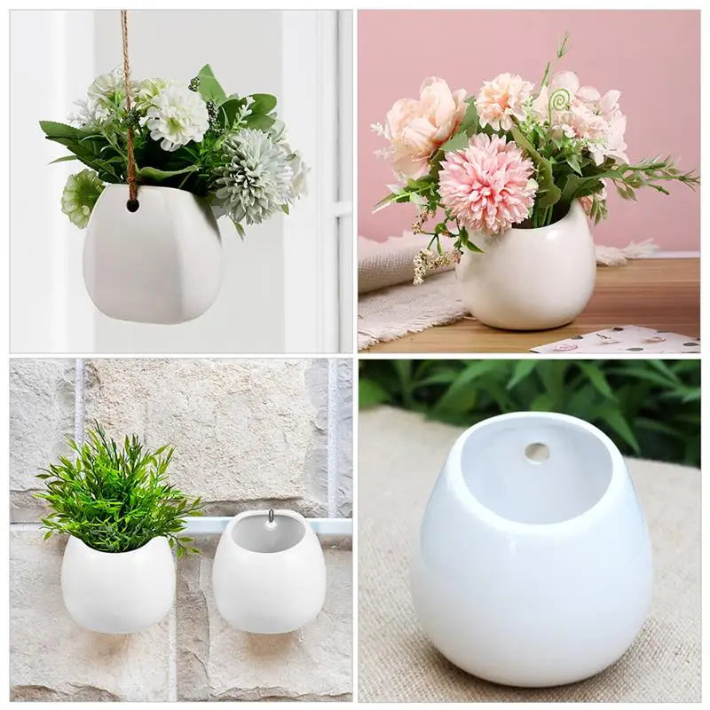 2pcs Decorative White Ceramic Flower Pots Wall Hanging Succulents Flowerpots Creative Background Wall Decoration Home Furniture