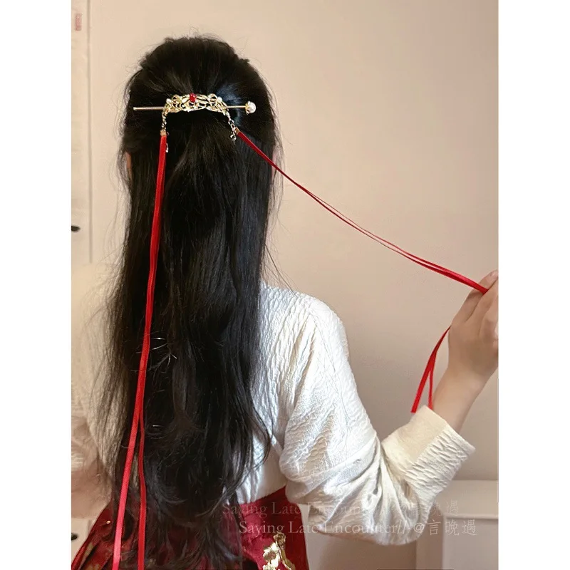 

Hanfu bundle hair red ribbon, crown hair hairpin, women's national style ancient clothing headdress, new Chinese style ancient