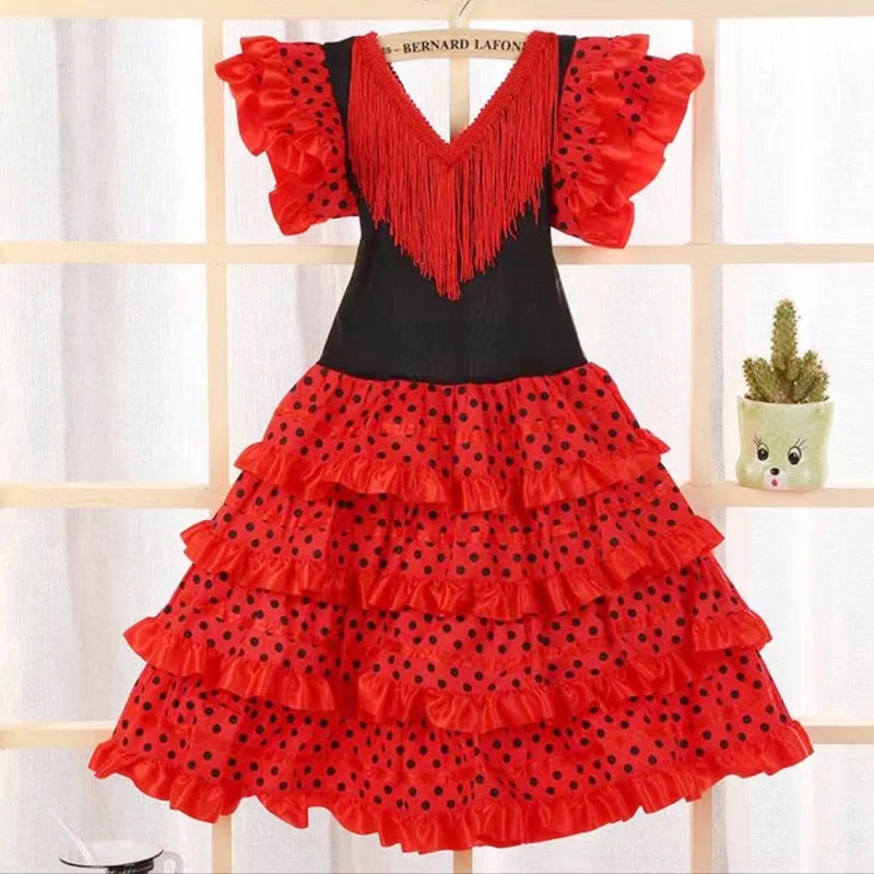 Traditional Spanish Dance Dress For Girls Festival Tassel Dot Dress Four Color Classic Flamengo Gypsy Style Children Skirt