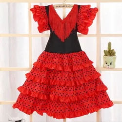 Vestido de baile tradicional español para niñas, vestido de lunares con borlas para Festival, falda clásica de estilo gitano Flamengo de cuatro colores para niños