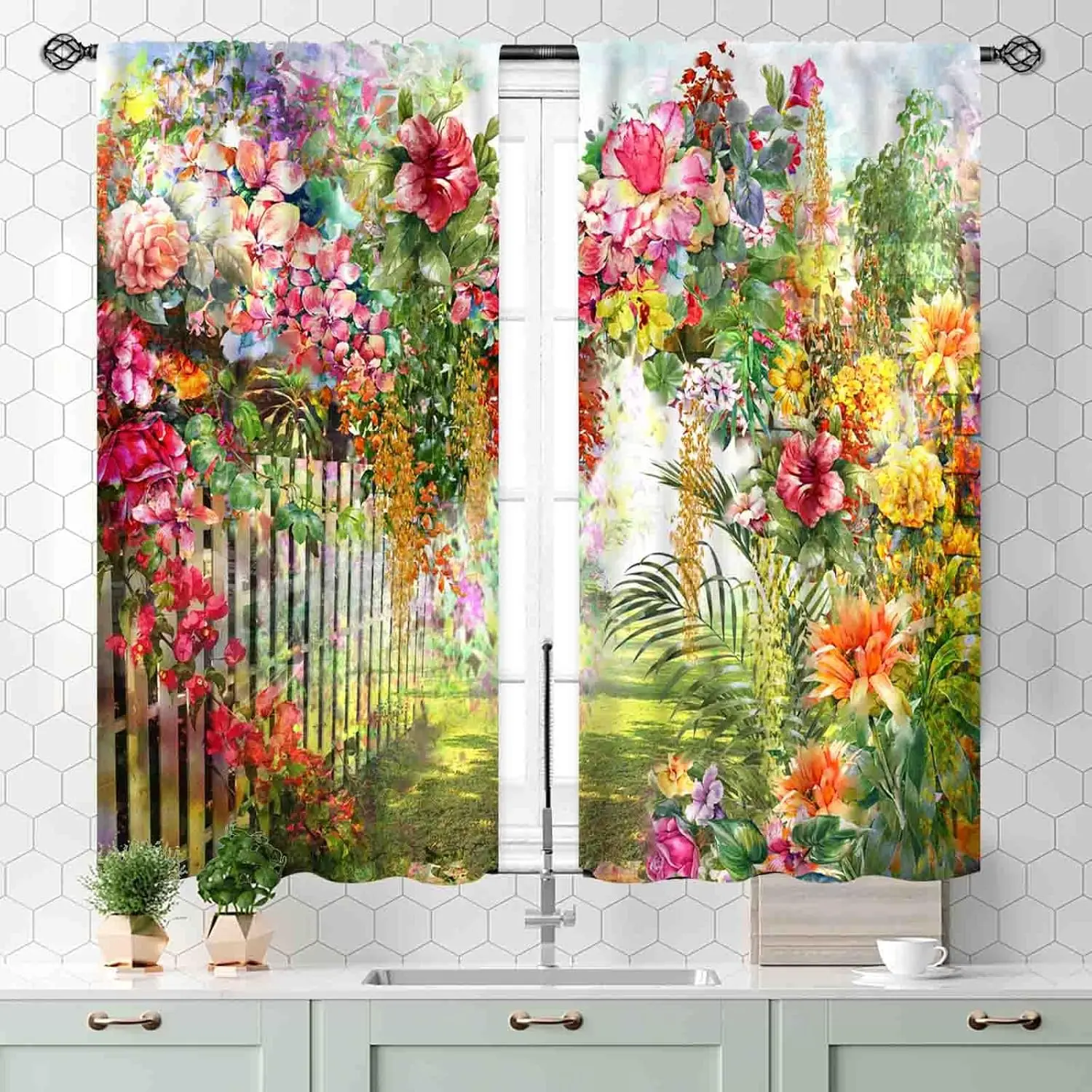 Floral Curtains for Bedroom, Farmhouse Watercolor Summer Spring Flower Blossom Colorful Botanical Nature Garden Window Drapery