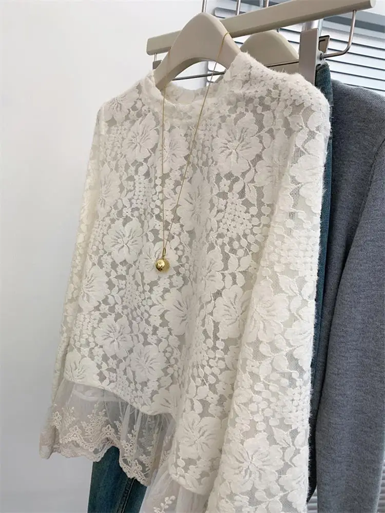 

Ele Lace irt Корейский Sle Commute Faion Long Sve круглый Ne Женский топ с вырезом для зимнего сезона