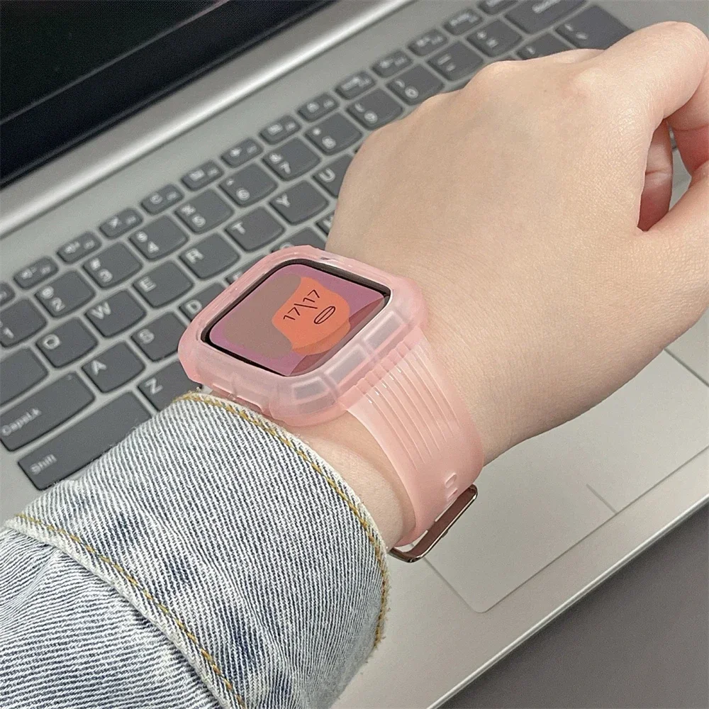 Estojo e pulseira rosa para pulseira de relógio esporte menina pulseira de pulso, kawaii, fosco, coreano, iWatch 9, 8, SE, 7, 6, 44mm, 40mm, 45mm, 41 milímetros, 42 milímetros