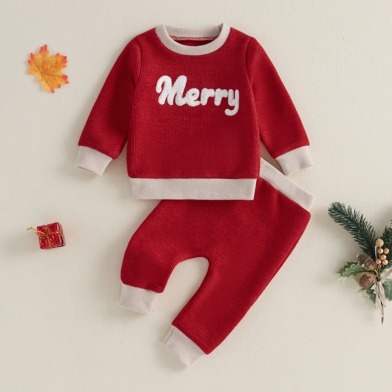 Tenue de Noël 2 pièces pour bébé avec broderie de lettres, sweat-shirt à manches longues et pantalon élastique, ensemble décontracté pour nouveau-né, vêtements d'automne