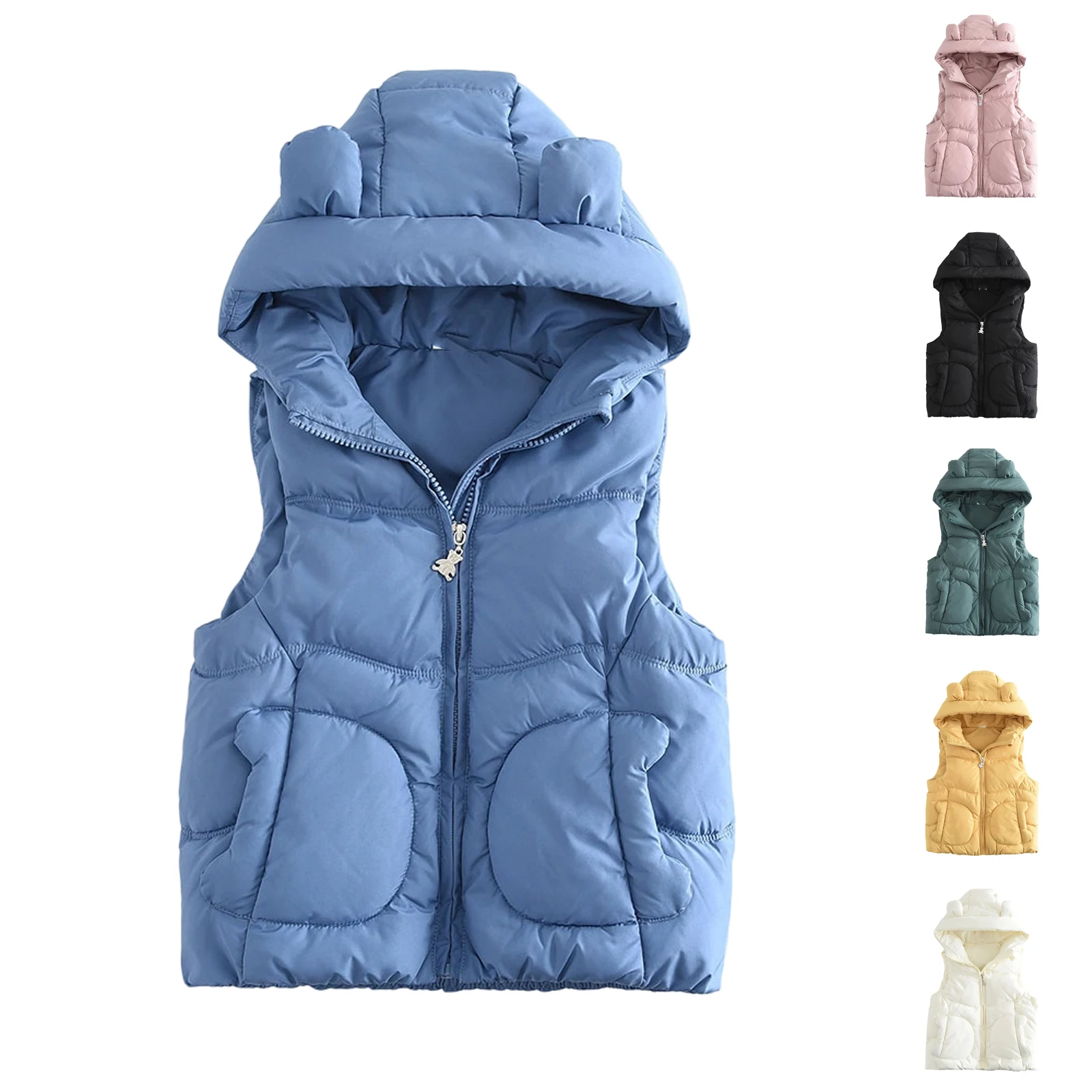 

Kids Girls Boys Winter Top Vest Solid Color Hooded Vest Bear Ear Detail Cotton Paddedwarm Autumn Children Outerwear